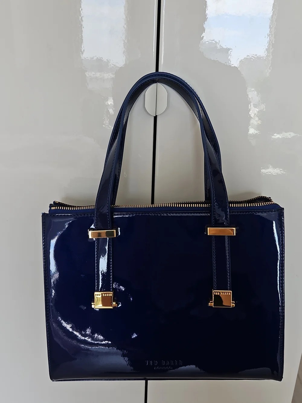 Ted Baker London Navy Patent Satchel with Gold Hardware, Authentic